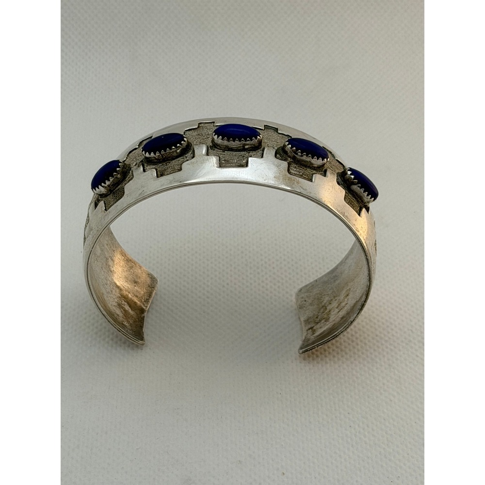 Native American Step Kiva Sterling Cuff Bracelet Lapis Lazuli 40+g - Picture 4 of 7